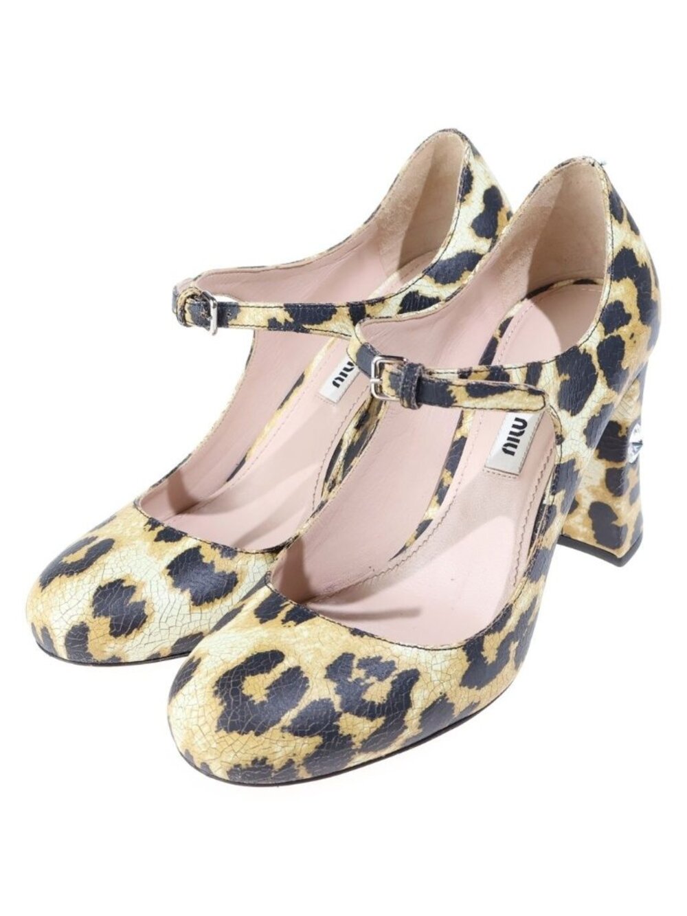 Miu Miu Leopard Leather Bijou Heels Pointed Toe Pumps Sandals Ivory